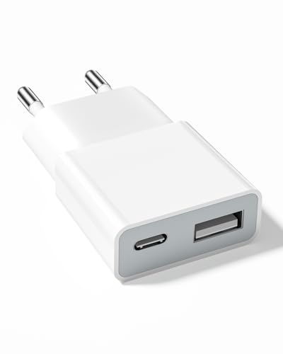 USB Ladegerät 5W Slim Ladestecker Netzteil 5V 1A 2Port USB C+ USB A Netzstecker Adapter, Steckdosenadapter für iPhone,eBook Reader, Xperia, MP3, Smartphone（Weiß） (Thickness 1.45cm/1packs)