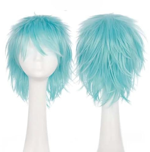 Synthetische kurze Perücke, blau, braun, schwarz, für Damen und Herren, Cosplay, Kostüm, Party, Kopfperücke, Haar-hellblau-12 Zoll