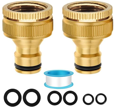 Garden Hose Tap Connector, 2 Pack 2-in-1 Brass Tap Hose Connector - 3/4 inch & 1/2 inch Female Threaded Tap Connector for Hosepipe, Threaded Faucet Adapter