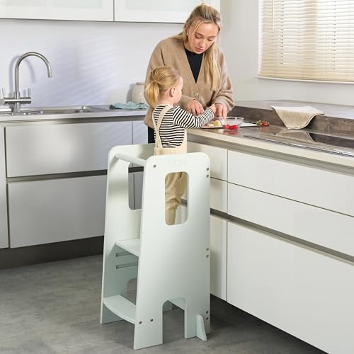 Tutti Bambini Learning Tower for Toddlers – Wooden Montessori Step Stool, 3 Adjustable Heights, Anti-Tip, Kids Kitchen Tower for Ages 2–6 (Sea Mist)