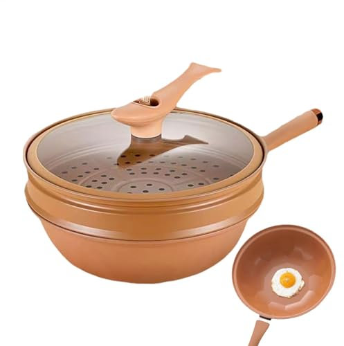 Wok in ferro con coperchio – Piccola padella wok per cucinare, friggere e cuocere a vapore | Wok in ferro a fondo che concentra l'energia per un riscaldamento uniforme | Grande set di padelle