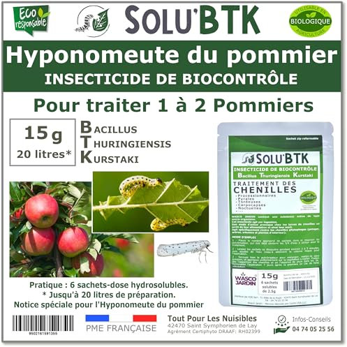 SoluBTK - Hyponomeute du Pommier - 15 g Bacillus thuringiensis BTK - Insecticide Utilisable en Agriculture Biologique - Traitement chenilles