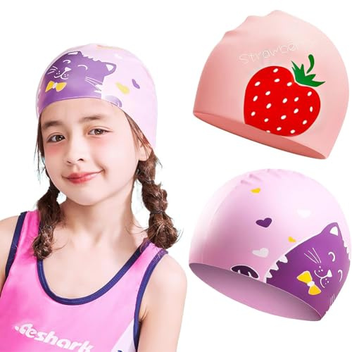 Swimming Cap for Kids,2pcs Cute Silicone Swimming Cap, Cat & Strawberry Swim Hat with Coating Cartoon Elastic Swim Cap for Girls Children Boys (Pink)