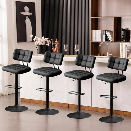 Ckaff Barhocker 4er Set, Barstuhl höhenverstellbar aus PU-Leder, 360°Drehstuhl Küchenstuhl mit Rückenlehne und Fußstütze für Küche, Wohnzimmer, Esszimmer, Schwarz