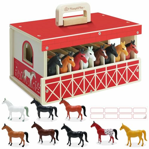 SIMPLIPLAY Holz-Pferdestall mit Bauernhoftieren, Spielset für Kinder | 8-tlg. Pferdespielzeug mit tragbarem Pferdestall & Namensaufkleber, Geschenk für Mädchen & Jungen zu Geburtstag Weihnachten
