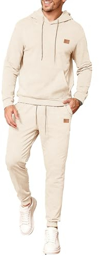 JMIERR Herren 2 Pcs Jacquard Sweatsuit Outfits Hoodie Sweatshirt & Joggers Sweatpants Set Trainingsanzug,Beige L