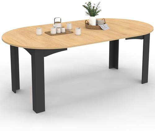 IDMarket - Ausziehbarer runder Esstisch DONA 4-10 Personen schwarz Tischplatte in Buchenoptik 110-200 cm