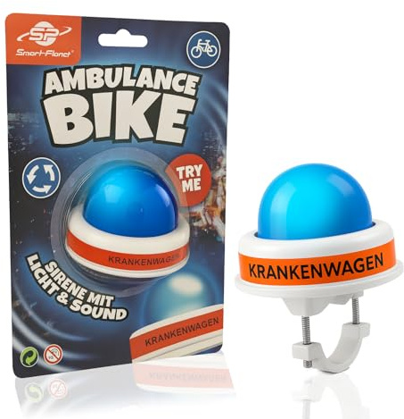 Lustige Fahrradklingel mit Krankenwagen Tatü-Tata Sound und blauem Spielzeug Sirenen Licht - für Kinder Fahrradlenker - elektrische Bike Ring inkl. Batterie