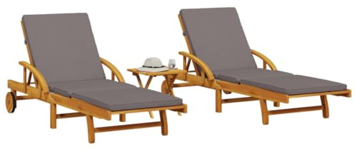 QUAHEAS 2er Set Sonnenliegen Massivholz Akazie, Gartenliege mit Tisch, Rollen & Kissen, verstellbar, für Terrasse, Pool, Garten, Balkon