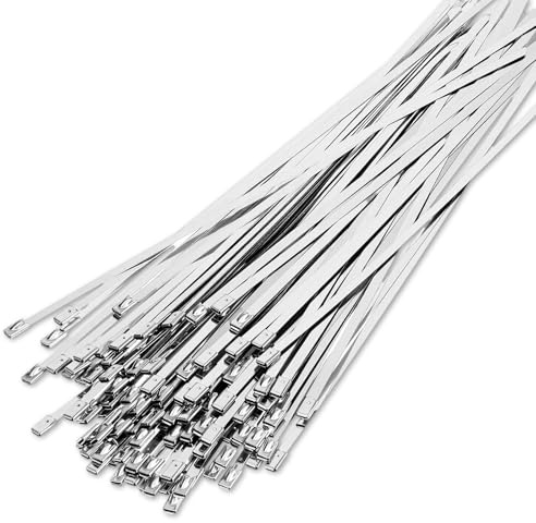 50 Pcs Self-Locking Metal Cable Ties, 12 Inch Heavy Duty 304 Stainless Steel Flat Wire with 300 Lbs Tensile Strength, Heat Resistant for Outdoor, Industrial, Automotive, Farm and Pipes Binding​