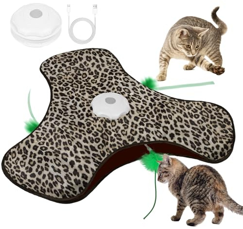 AUYAO Juguete Interactivo para Gatos, Juguete de Eléctrico Recargable para Gatos, Activación Táctil con Sonidos del Ratón, Pluma Móvil, Chirping, Tres Modos, Estampado de Leopardo