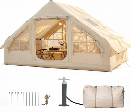 Aoxun Spacious Family Inflatable Tent for 4-8 Person with Manual Pump, 4 Season Inflatable Tents for Camping with Stove Jack, Heavy Duty Windproof Oxford Waterproof Air Tent for Glamping