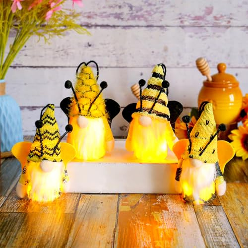 ZeiLaBang Kakadi 4 Stück Frühling Sonnenblume Biene Wichtel,Biene Wichtel Frühling Deko,Frühlingdeko Wichtel Figuren,Frühling Wichtel mit LED,Frühlingswichtel Tischdekofür Frauen Party Home