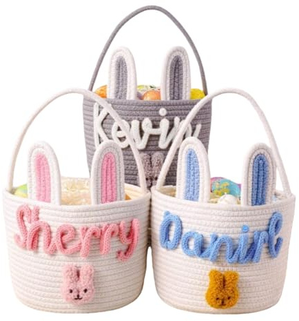 Cesta de Pascua personalizada para niños, cesta con nombre personalizado, cestas de regalo de algodón para bebé, cestas de caza de huevos de Pascua