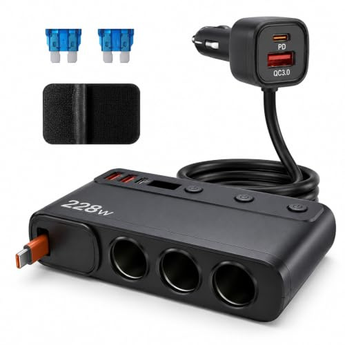 Leehitech Chargeur Voiture USB-C PD45W,9-en-1 228W Multiprise Allume Cigare | 3 Prises Allume Cigare+3USB-A+2PD+QC3.0,Affichage LED de la Tension,Compatible voitures,SUV,camions et camping-cars 12V/24V
