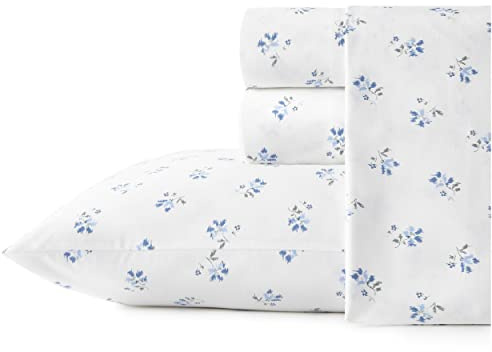 Stone Cottage - Full Sheets, Cotton Percale Bedding Set, Crisp & Cool Home Decor (Blue Sketchy Ditsy, Full)
