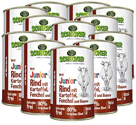 Schecker Nassfutter - Hundemenü Junior Rind mit Kartoffel, Fenchel und Banane - 12 x 410 g - Welpenfutter - 80% frisches Rind
