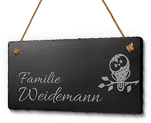 Schöne Schiefer Türschilder für die Haustür mit Gravur | Schiefer-Schild mit Kordel zum Aufhängen in ca. 20x10 cm gravierte Namensschilder Klingelschilder mit Namen oder Texten Herzlich Willkommen