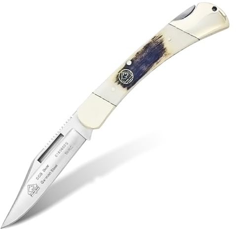 PUMA SGB – Bear Stag – Kompaktes Klappmesser mit Hirschhorn-Griffschalen und Messingbacken – gefertigt aus deutschem Stahl – Klingenlänge 72mm