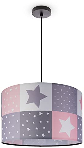 Paco Home Deckenlampe Kinder Pendelleuchte Kinderzimmer Stoffschirm Rund Baby E27 Regenbogen 1,5m Textilkabel Wolke, Farbe:Pink (Ø45,5cm), Leuchtenart/Farbe:Pendelleuchte - Schwarz