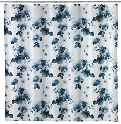 WENKO Anti-Schimmel Duschvorhang Rose Bleu, antibakterieller Textil-Vorhang mit Antischimmel Effekt, waschbar, wasserabweisend, mit 12 Ringen zur Befestigung an der Duschstange, 180 x 200 cm
