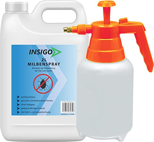 NEU Biozidfreie Milben Abwehr 2L+ Sprüher – Mittel für Hausstaubmilben abwehren – Milbenspray für Matratzen – Fleckenfrei – Milben Spray INSIGO