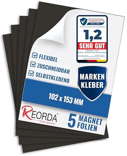 Film Magnétique Autocollant Reorda - Lot de 5 Feuilles Adhésives avec 3M Puissantes - Plaques Découpables pour Réfrigérateur, Tableau, Affiches et Bricolage DIY