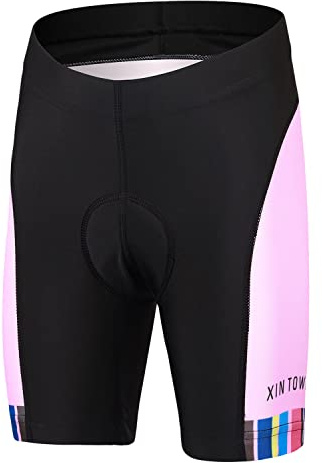 LSHEL Ropa Ciclismo Niños con Bolsillo Trasero Cómodos Pantalones Cortos Acolchados Traje Ciclismo Elástico Secado Rápido para Edad 4-14 Años, Bicicleta Arcoíris(Bermudas), L