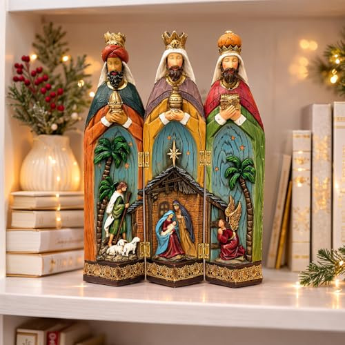 MOMENTS IN TIME Nativity 3 Kings Three Wise Men Figurines Hand Painted Tri-Fold Holy Family Nativity Scene Christmas Nativity Set with 3 Kings 11 H x 9.6 W x 1.7 D