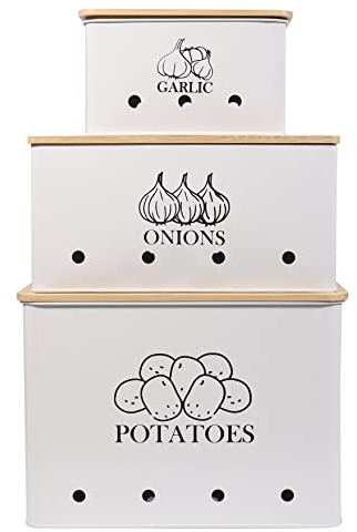 Xbopetda Canister Sets for Kitchen Counter, Kitchen Canisters Set of 3 for Potato Onion Garlic, Kitchen Storage Bin Jars Pots with Aerating Tin Storage Holes & Wooden Lid (White)