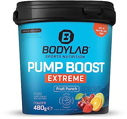 Bodylab24 Pump Boost* Extreme Fruchtpunsch 480g, mit Aminosäuren, Koffein und verschiedenen Pflanzenextrakten, *Proteine tragen zu einer Zunahme an Muskelmasse bei