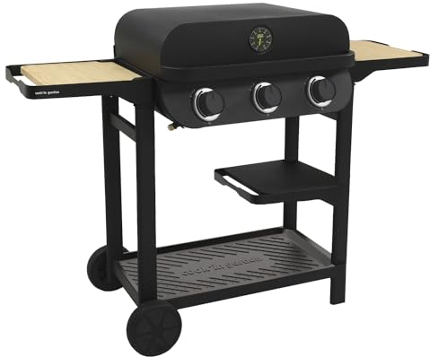 Cook’in Garden - Barbecue Gaz FLAVO 60 sur Chariot, 3 Brûleurs, Fonction Grill et Plancha, Structure Métal, Cuve Acier, Allumage Facile, Capot avec Thermomètre, Idéal Terrasse Extérieur Jardin
