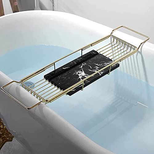 TONONE Badewannenablage Edelstahl Badewanne Caddy, Erweiterbar Marmor Edelstahl Badewannenablage für Telefon Tablet Wein Buch Anti Rutsch 68-90cm Einstellbar Gold
