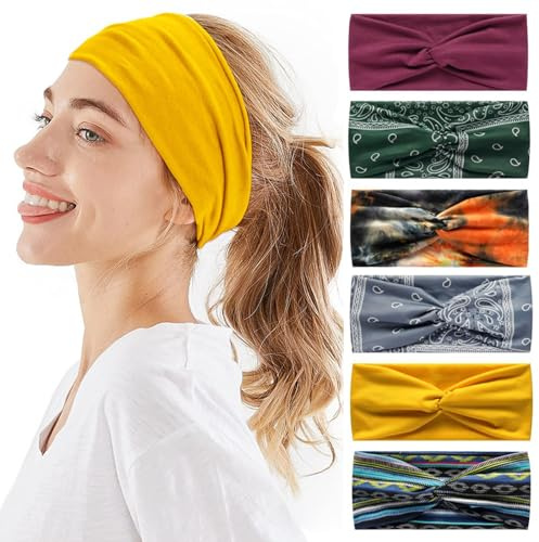 6Pcs Womens Hairband Bandana Haarschmuck für Frauen Erwachsene Boho elastische Turban breite Anti-Rutsch-Haartuch Damen Haarbänder für kurze Haare