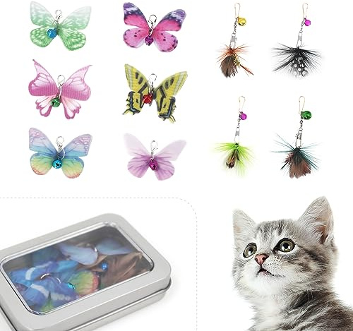 SONGWAY 10 Stück Katzenspielzeug Ersatz - Insektenförmig Katzenangel Ersatzfedern Anhänger, Katzen Spielzeug Ersatz mit Glocken, Interaktives Katzenspielzeug für Kätzchen und Katzen