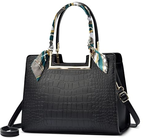 DORRISO Elegant Damen Handtasche Mode Henkeltasche mit Schal Schick Klassische Textur für Urlaub Business Nachmittagstee Einkaufen Reise PU Leder Schultertasche Damen Kuriertaschen Schwarz