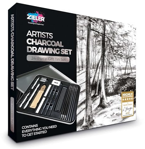 Zieler - Artists Charcoal Drawing Set | 24-piece Gift Tin Set | The Ideal Starter Set!