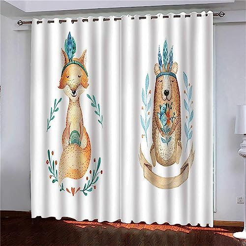 Kinder Vorhänge Schlafzimmer Cartoon-Tier-Fuchs Schiebegardinen Blickdichter Bedroom Children's Room Vorhang Mit Ösen Verdunkelungsgardine, Vorhänge 3D Wohnzimmer 2 X 140 X 160 cm -3I6X+S6X