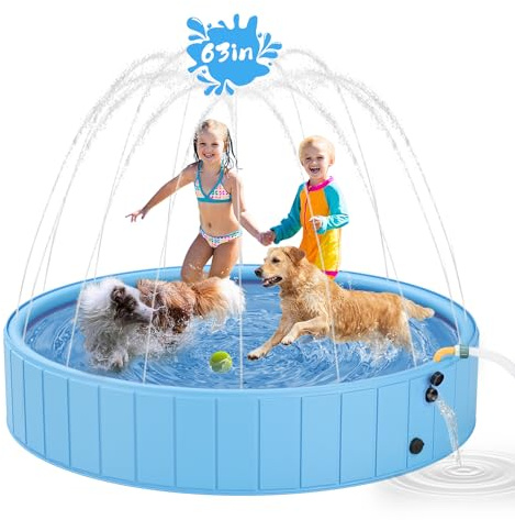 YSJILIDE Dog Pools for Large Dogs, 2-in-1 Sprinkler Pool for Kids Non-Slip Dog Swimming Pool for Outdoor Backyard Kids Dogs Ducks and Pet Baths 63 x 12