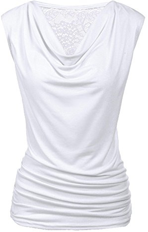 PINSPARK Spitzentop Damen Ärmellose Oberteile Wasserfall Bluse Sexy V-Ausschnitt Bluse Caulse Tank Tops Basic Tops Weiß M