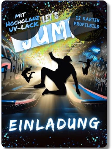 celebr8te 12x Einladungskarten im blauen Jump Trampolin Design - Für den Kindergeburtstag von Jungen im Jumphouse Trampolinpark inkl. Messenger Bild & Urlaubsgutschein