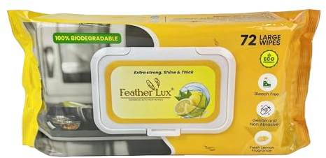Feather Lux Premium Lemon Scented Kitchen Cleaner - Pack of 72, Extra Strong & Powerful Disinfectant Wipes - Eco-friendly, Biodegradable & Plastic-Free