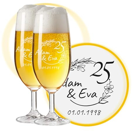 LALALO Biergläser mit Gravur zum 25. Hochzeitstag, Silberhochzeit Geschenk, Leonardo Pils Biertulpe personalisiert, Jahrestag Silberne Hochzeit (Herzfunken)