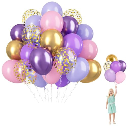 Pastel Pink and Purple Balloons, 12 Inch Purple&Lilac Baby Pink Confetti Balloon with Metallic Helium Latex Balloon Set for Girls Women Butterfly Birthday Baby Bridal Shower Wedding Party Decorations