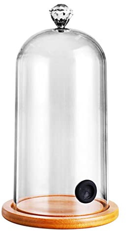 YOUNAFEN Cloche Hood Molecular Cuisine Food Dome Cover Lid with Rubber Holes Wooden Base for Cocktail Cake Drinks Cloche Dome Cover Glass