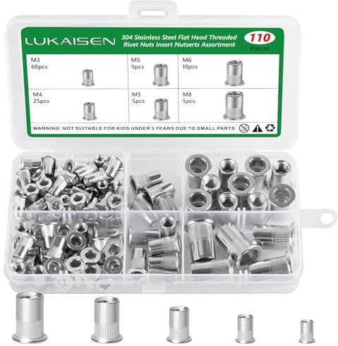 110-Piece Metric Rivet Nut Kit, M3 M4 M5 M6 M8 304 Stainless Steel Threaded Inserts Nutsert Rivet Nut Assortment Kit, Flat Head Knurled Body for Automotive, Furniture, Industrial & Electrical