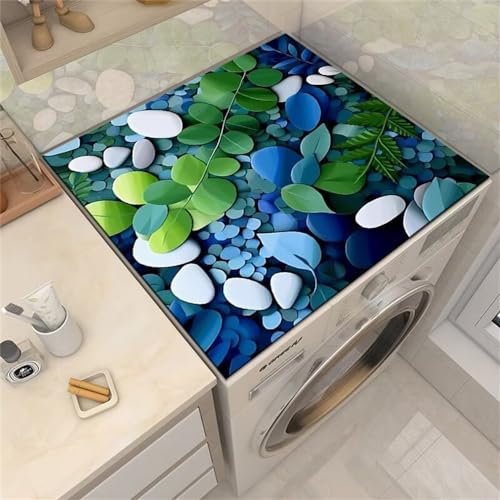 Odot Tapis de Protection pour Dessus de Machine à Laver, Antidérapant Housse de Machine à Laver pour Machine à Laver ou Sèche-Linge Buanderie Réfrigérateur Cuisine (Cailloux Blancs 3D,60x60cm)