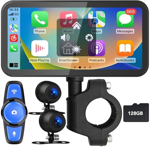 FancyTiger 6.25 Motorcycle Carplay with GPS Navigation System, IPS Waterproof Touchscreen, Inculed SD-128GB, TPMS, HD Touch Screen Auto and Dual 1080P Camera/Dash Cam, Support iOS/Android, BT, Siri