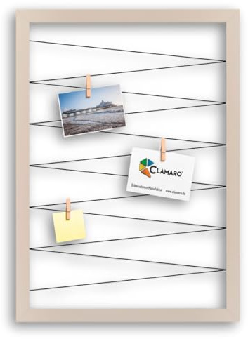 CLAMARO Bilderrahmen Collage Flex, 50 x 70 cm, Beige, mit 20 Holzklammern | MDF-Holzrahmen vollummantelt, vorgespannte Gummileine, Echtholz-Fotoklammern, Wandaufhänger, für Fotos, Postkarten, Notizen
