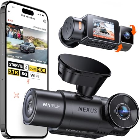 VANTRUE N2X 2.7K+1080P Dashcam Auto Vorne Innen, STARVIS 2 Dual HDR Nachtsicht Dash Cam, 2.5K/60FPS Front, GPS, 5GHz WiFi, App & Sprachsteuerung, 2″ 323° Dasch-Cam 24/7 Parkmodus, G Sensor, max. 1TB
